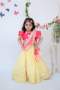 Girls Yellow Lehenga With Pink Choli And Mirror Boti Dupatta