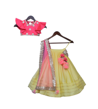 Load image into Gallery viewer, Girls Yellow Lehenga With Pink Choli And Mirror Boti Dupatta