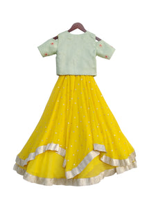 Girls Yellow Sequence Anarkali Dress With Pista Green Jacket
