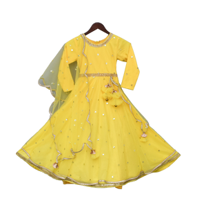 Girls Yellow Booti Net Anarkali