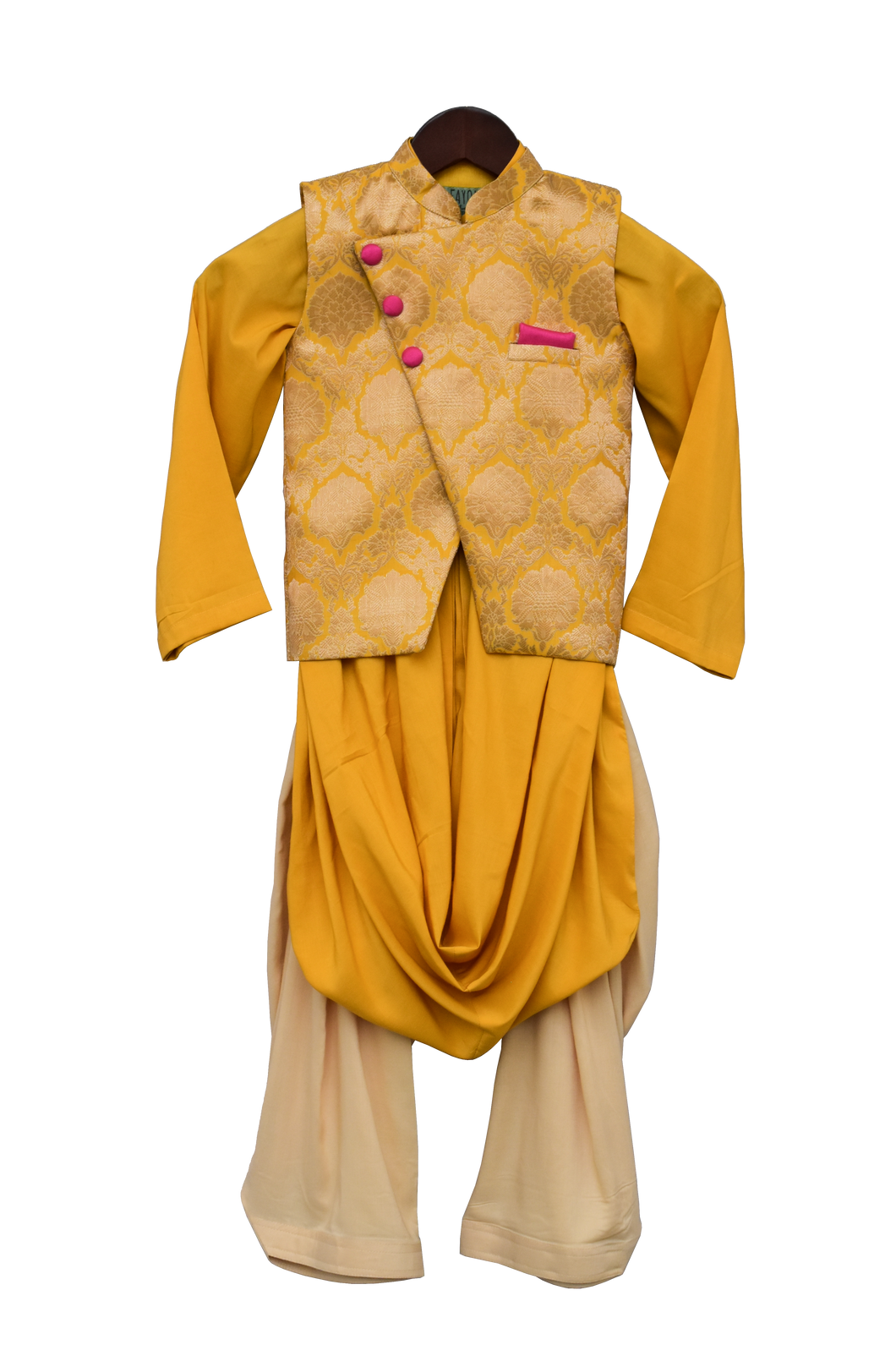 Boys Yellow Brocade Nehru Jacket Set