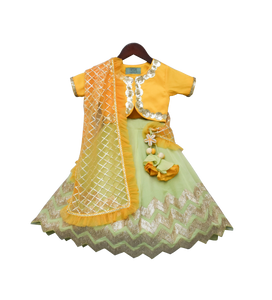 Girls Yellow Choli With Pista Green Gota Lehenga