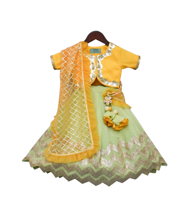 Girls Yellow Choli With Pista Green Gota Lehenga