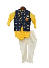 Load image into Gallery viewer, Boys Yellow Cowl Kurta With Printed Nehru Jacket Set