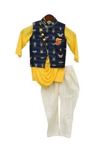 Boys Yellow Cowl Kurta With Printed Nehru Jacket Set