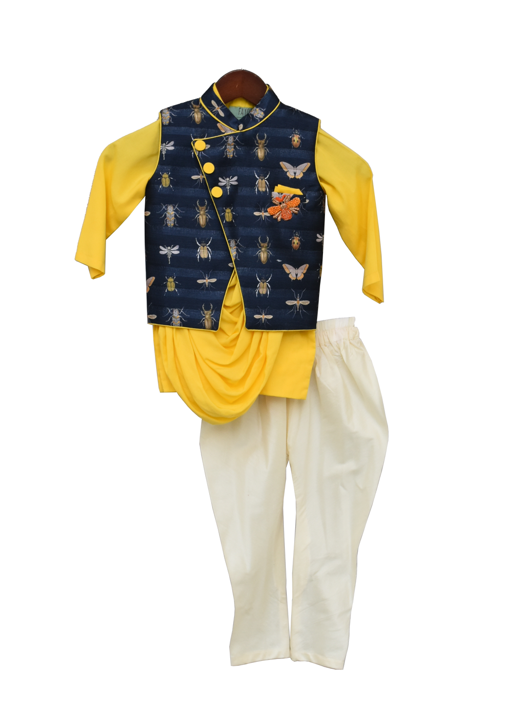 Boys Yellow Cowl Kurta With Printed Nehru Jacket Set