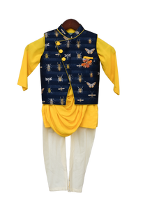 Boys Yellow Cowl Kurta With Printed Nehru Jacket Set