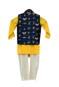 Boys Yellow Cowl Kurta With Printed Nehru Jacket Set