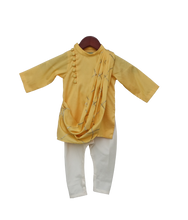 Load image into Gallery viewer, Boys Yellow Embroidery Cowl Kurta With Offwhite Churidar