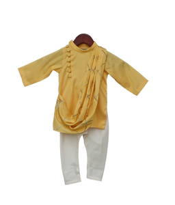 Boys Yellow Embroidery Cowl Kurta With Offwhite Churidar