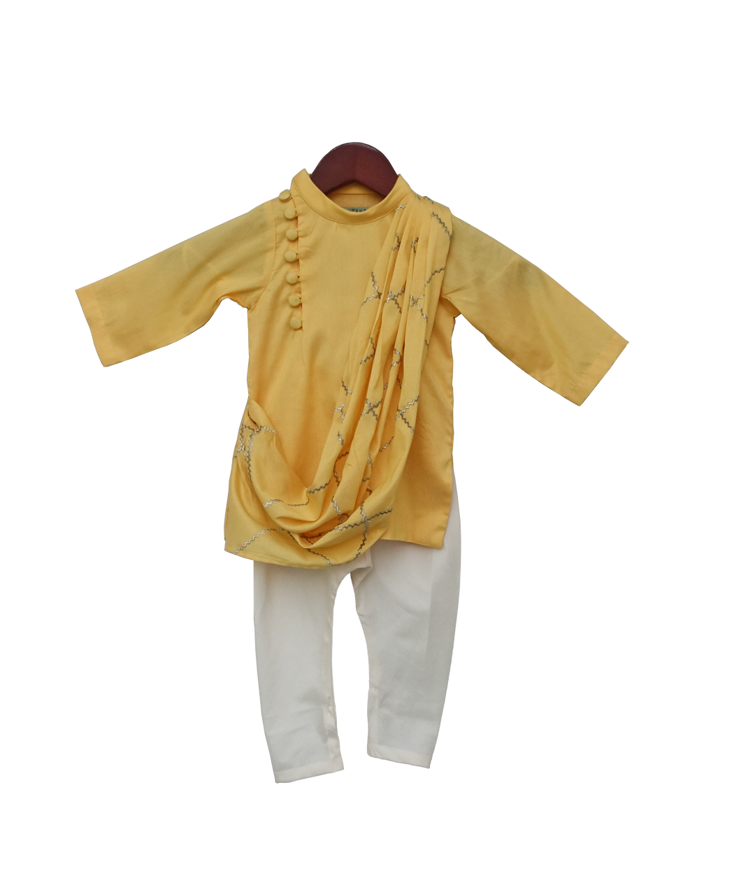 Boys Yellow Embroidery Cowl Kurta With Offwhite Churidar