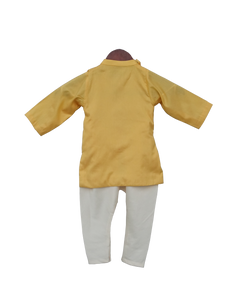 Boys Yellow Embroidery Cowl Kurta With Offwhite Churidar