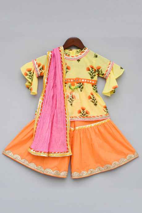 Girls Yellow Flower Print Kurti With Sharara