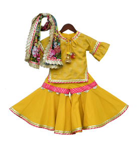 Girls Yellow Foil Print Kurti With Sharara