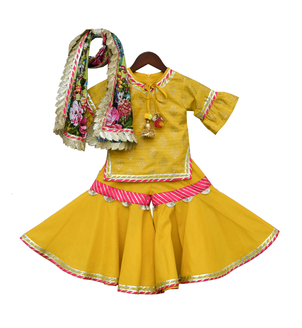 Girls Yellow Foil Print Kurti With Sharara