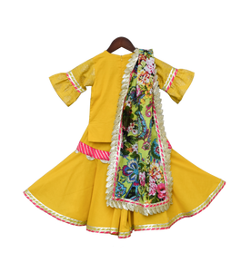 Perfect Panache - Girls Yellow Foil Print Kurti With Sharara