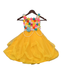 Girls Yellow Gown With Multi Colours Flowers