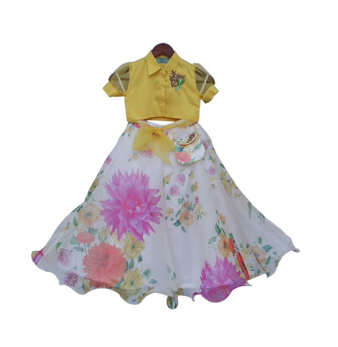 Girls Yellow Knotted Top With Ivory Printed Lehenga