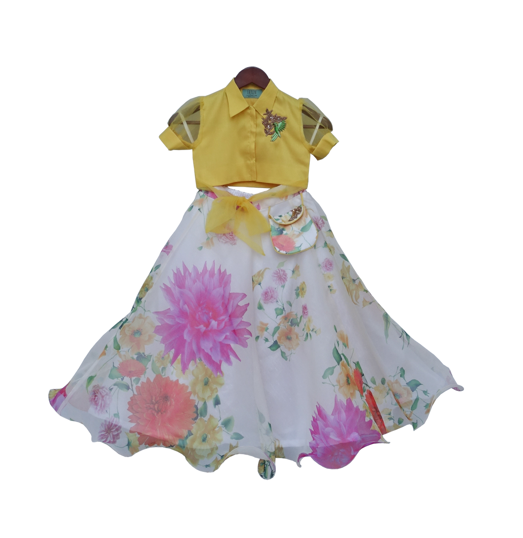 Girls Yellow Knotted Top With Ivory Printed Lehenga
