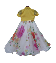 Load image into Gallery viewer, Girls Yellow Knotted Top With Ivory Printed Lehenga
