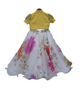 Girls Yellow Knotted Top With Ivory Printed Lehenga