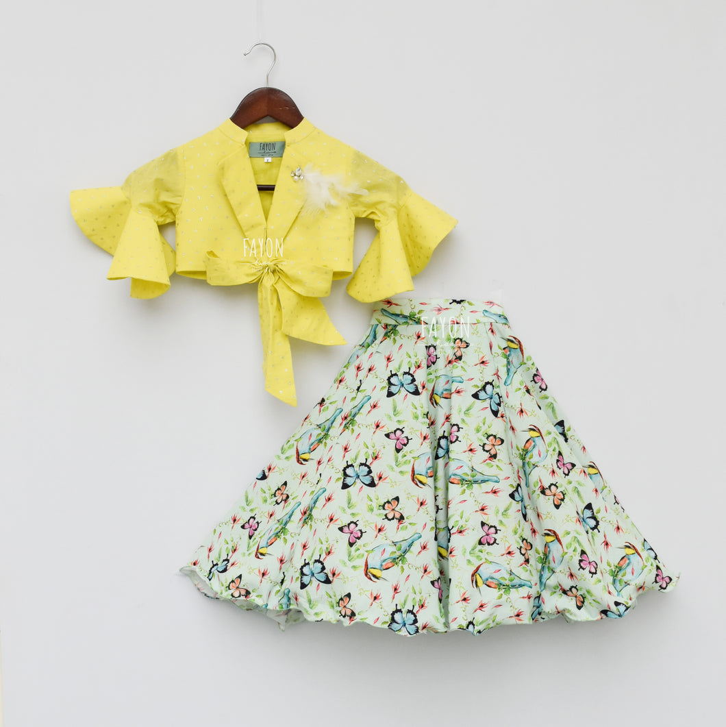Girls Yellow Knotted Top With Printed Lehenga