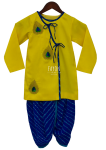 Boys Yellow Kurta With Blue Bandhej Dhoti