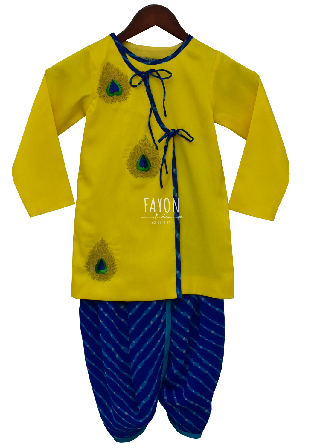 Boys Yellow Kurta With Blue Bandhej Dhoti