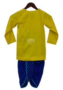 Boys Yellow Kurta With Blue Bandhej Dhoti