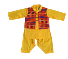 Load image into Gallery viewer, Boys Yellow Kurta With Attached Phulkari Jacket