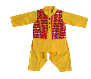 Boys Yellow Kurta With Attached Phulkari Jacket