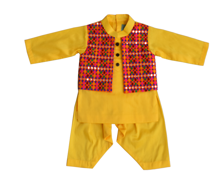 Boys Yellow Kurta With Attached Phulkari Jacket