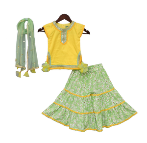 Girls Yellow Kurti With Green Printed Sharara