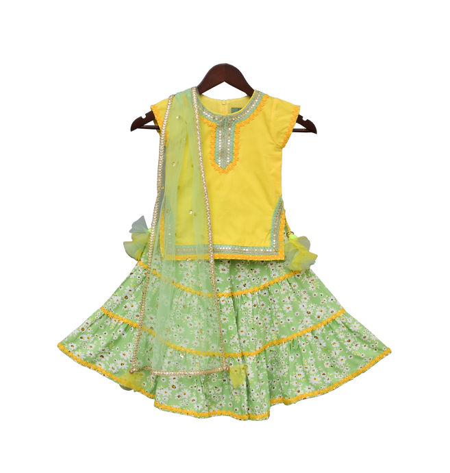 Girls Yellow Kurti With Green Printed Sharara