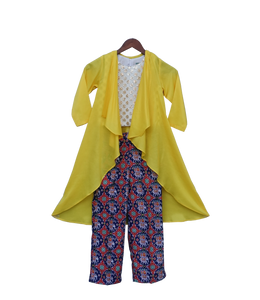 Girls Yellow Long Shrug With Patola Printed Pant