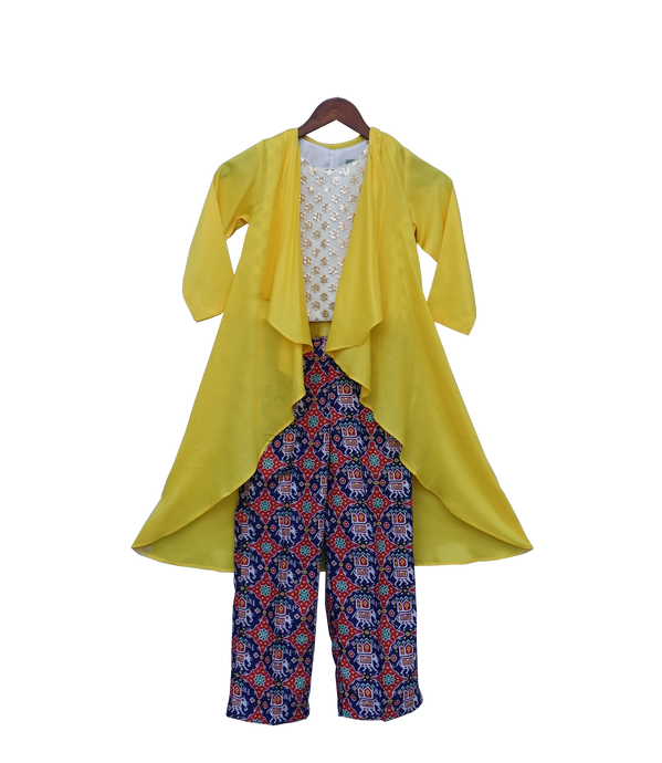 Girls Yellow Long Shrug With Patola Printed Pant