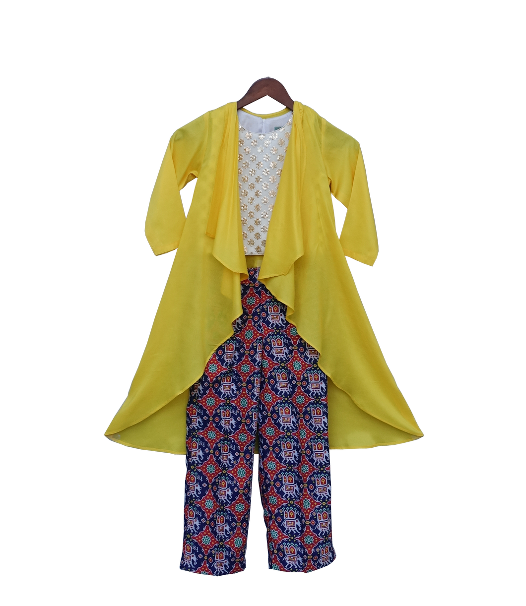 Girls Yellow Long Shrug With Patola Printed Pant