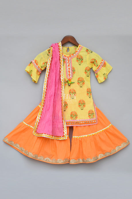 Girls Yellow Printed Kurti With Orange Sharara