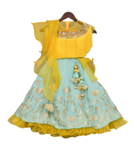 Load image into Gallery viewer, Girls Yellow Tassel Top With Aqua Blue Lehenga