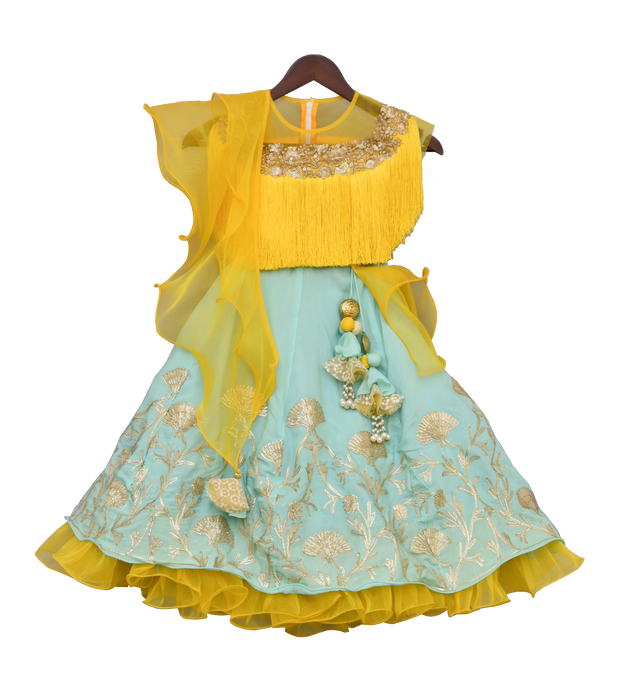 Girls Yellow Tassel Top With Aqua Blue Lehenga