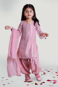 Girls Pastel Pink Harem And Kurta Set With Dupatta For Girls