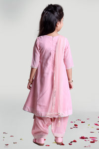 Girls Pastel Pink Patiala Set For Girls With Kurta And Dupatta